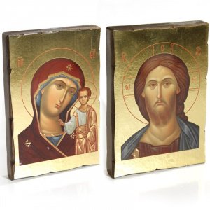 Иконы венчальные "Спаситель и Божия Матерь "Казанская", состаренные, дерево, лак, 14х19 см
