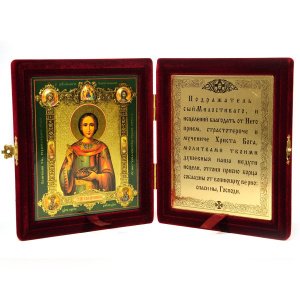 Складень с ликом Пантелеимона, бархат бордовый, 16х18,5 см