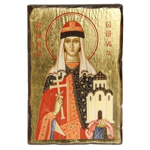 Икона равноапостольной Ольги, состаренная, дерево, золочение, лак, 14х19 см