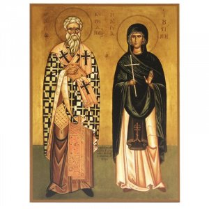 Икона священномученика Киприана и мученицы Иустины, дерево, 9,5х14 см