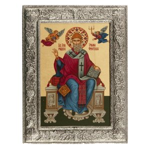 Икона святителя Спиридона Тримифунтского, оклад, МДФ, шелкография, поталь, 11,5х15,5 см