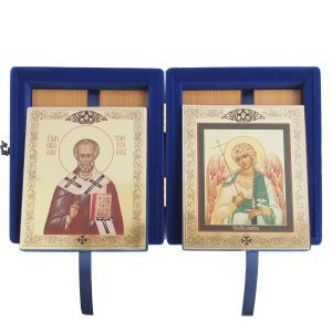 Складень с ликом Ангела Хранителя и Николая Мирликийского, бархат синий, 21х24,5 см