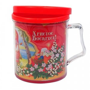Кружка с крышкой "Христос Воскресе. Храм. Дети на лавочке", пластик, 350 мл
